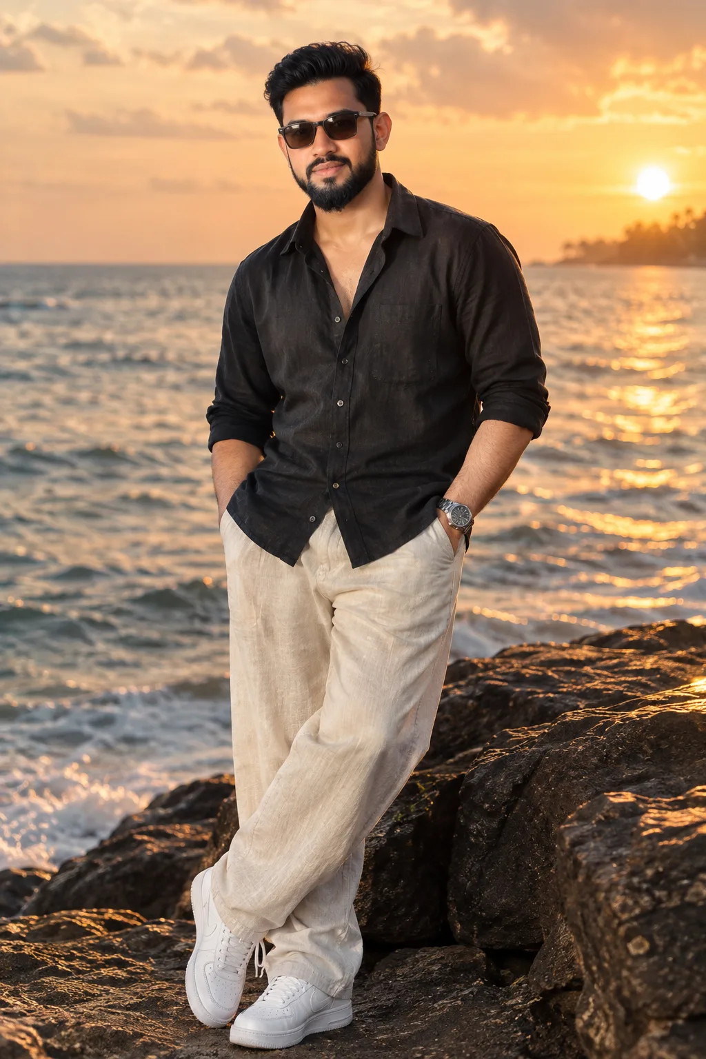 beside the ocean during golden hour.
