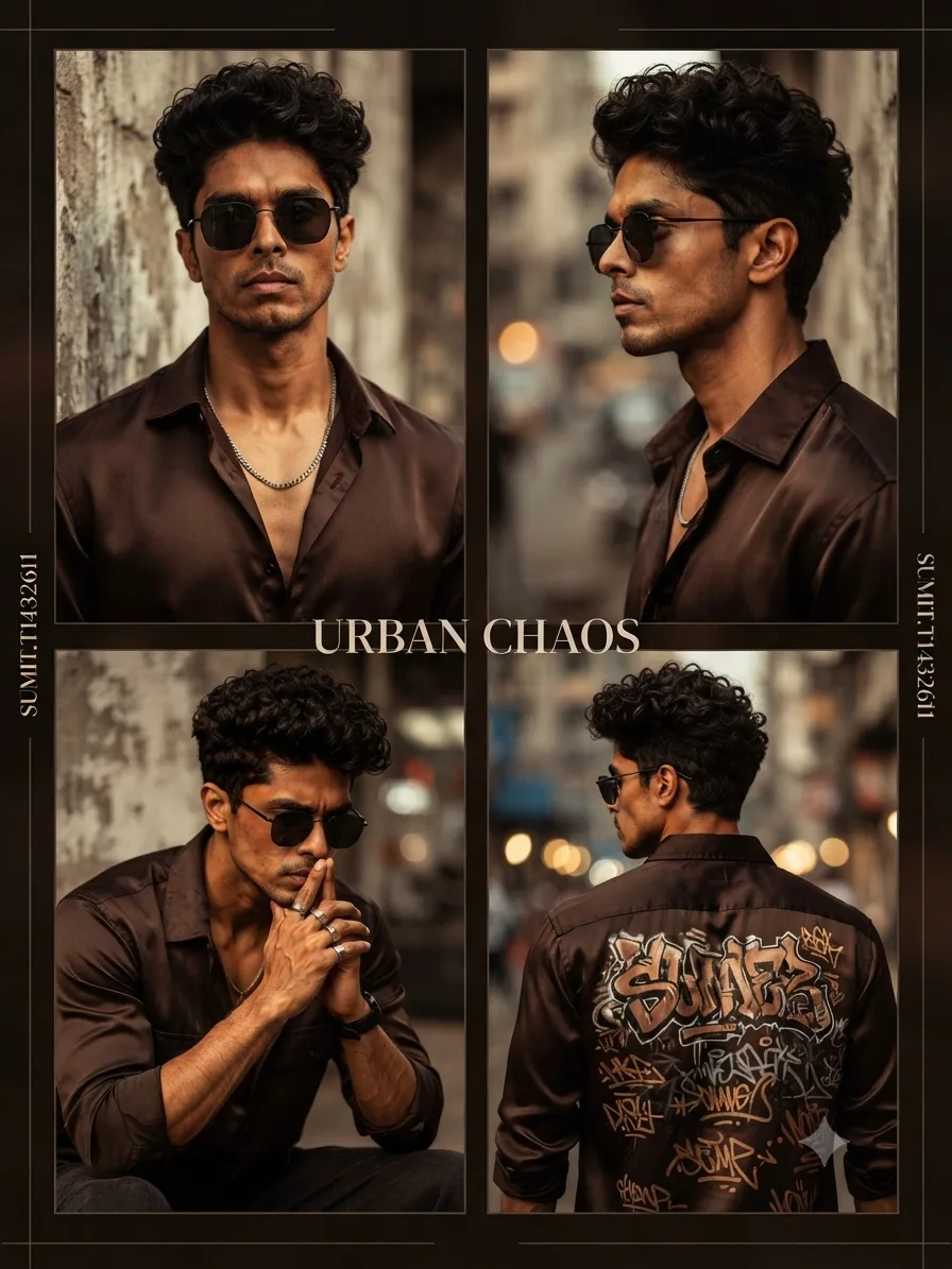 Create a luxury urban Chaos fashion poster featuring only me in a 4 panel collage