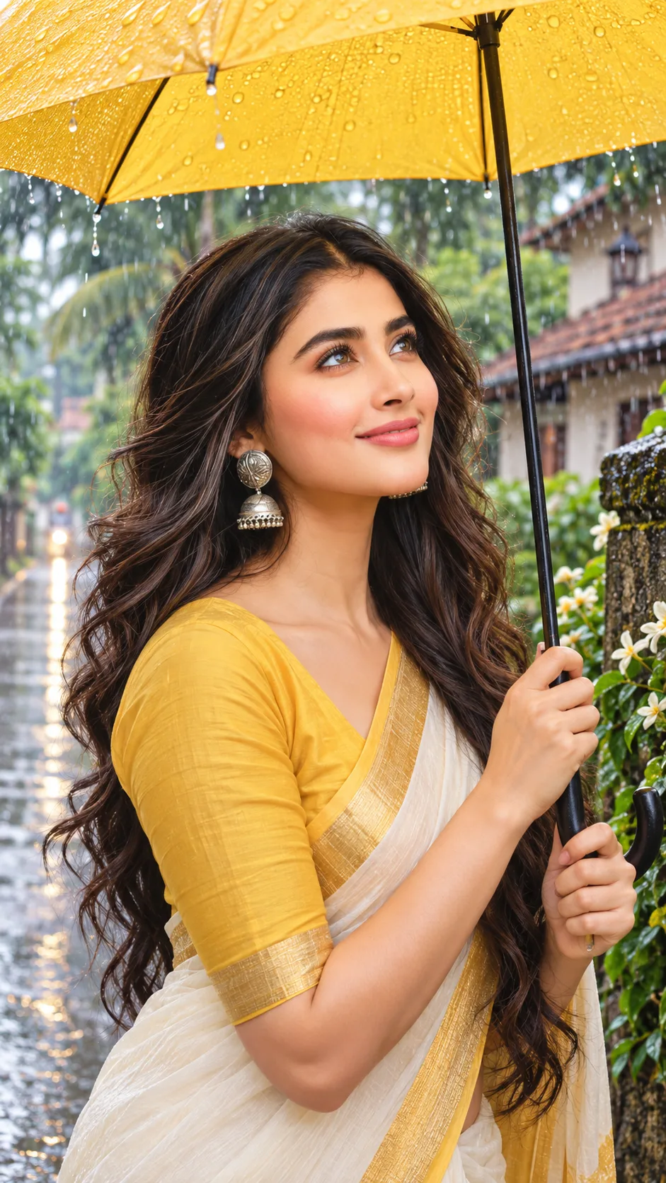 Yellow Umbrella Rain Portrait | Indian Traditional Girl Aesthetic | Monsoon Photography
