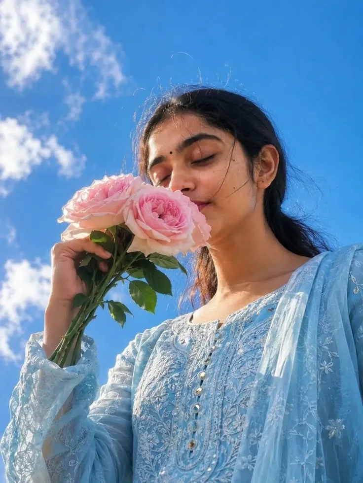 Serene Female Portrait Smelling Pink English Roses Against Blue Sky Prompt