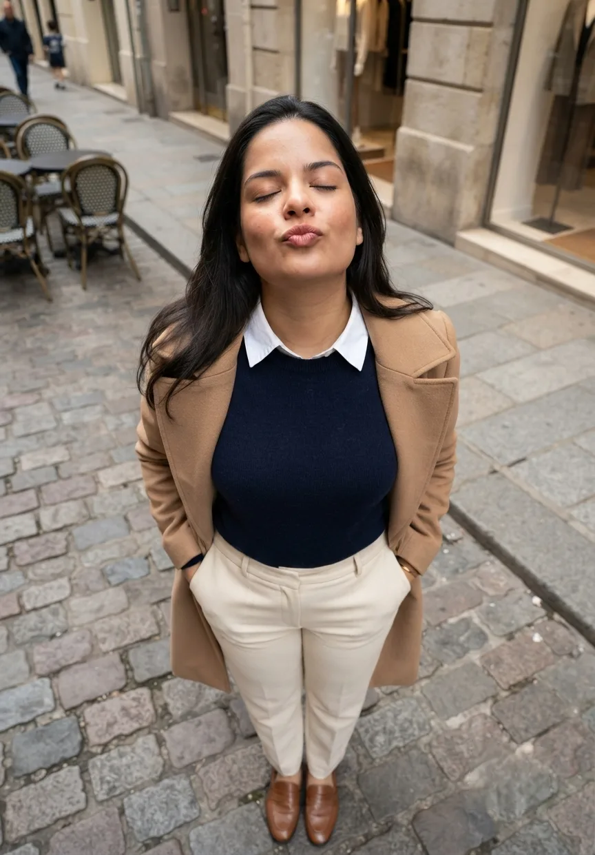 Create an ultra - realistic european preppy, quiet luxury street style portrait