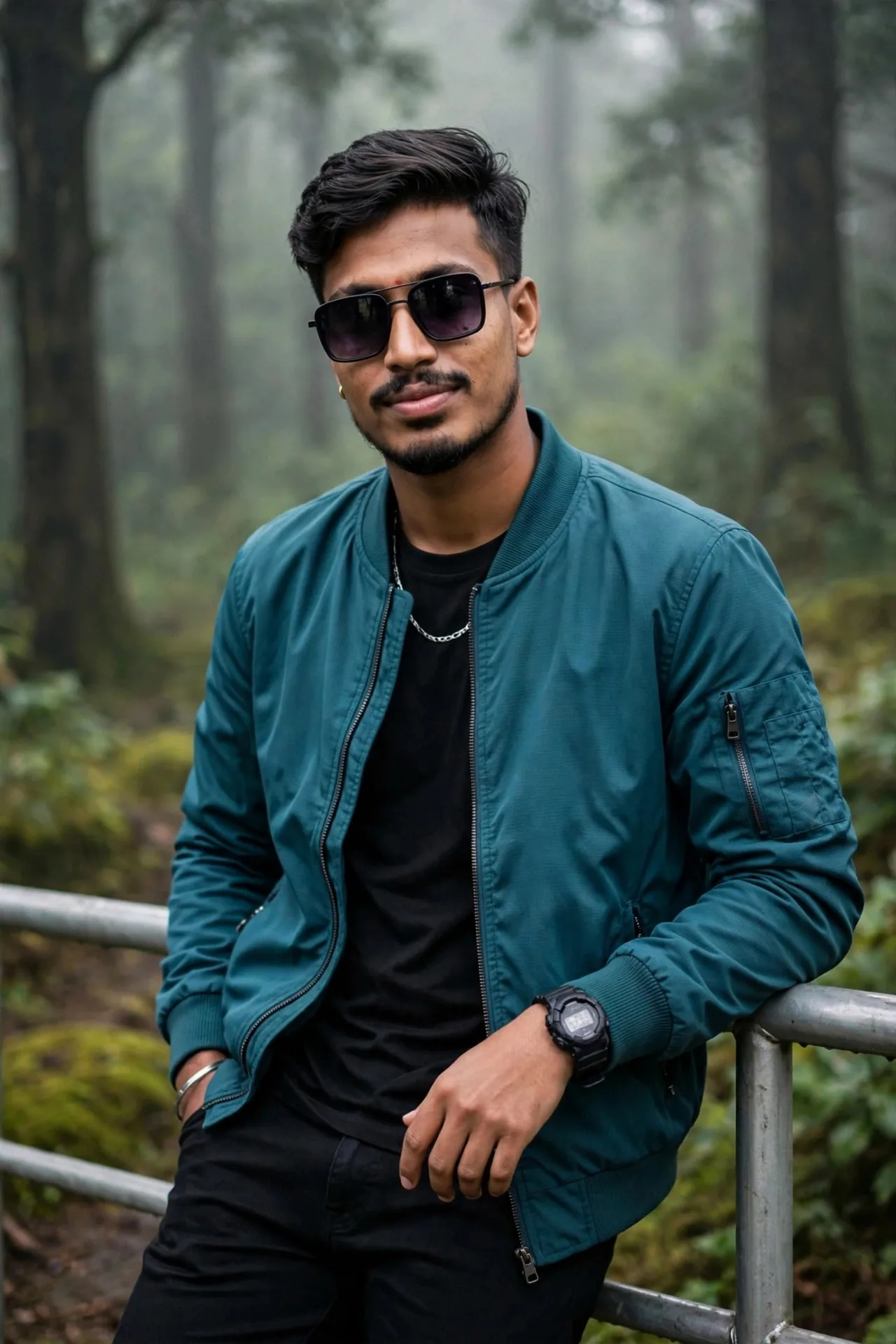 Here you go — same face, teal bomber look with misty forest vibe