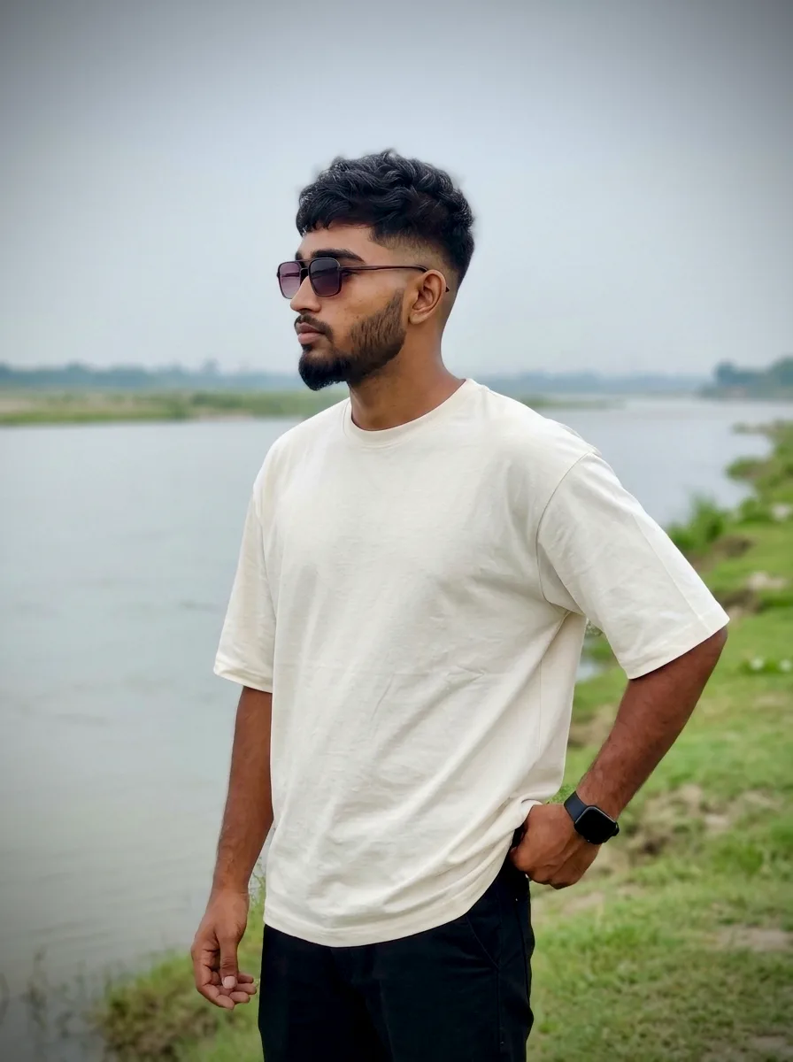 Candid Male Riverside Portrait in Off-White Oversized T-Shirt & Sunglasses Prompt