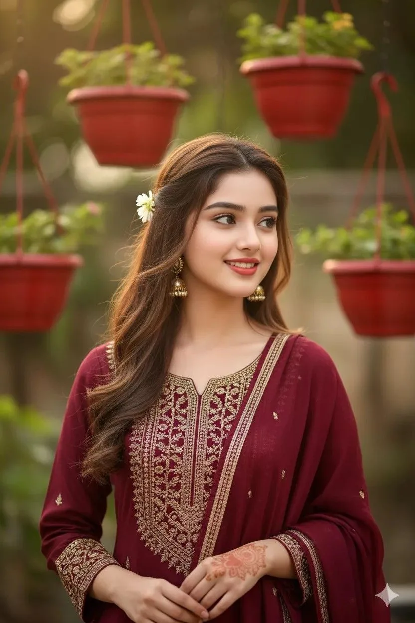 Traditional Maroon Shalwar Kameez Portrait