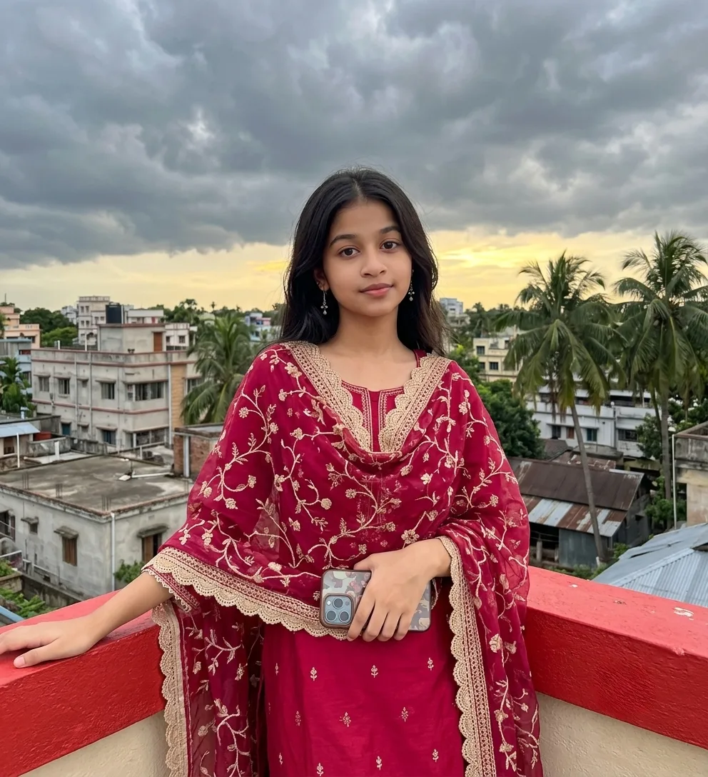 Rooftop Sunset Female Portrait in Maroon Embroidered Kurti & Sheer Dupatta Prompt