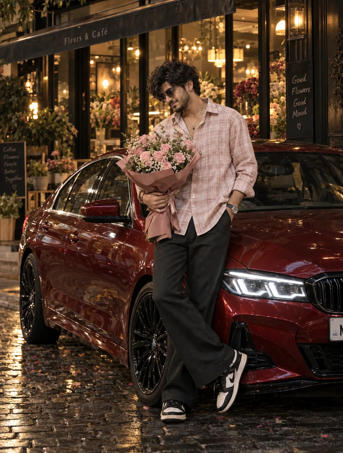 Ultra realistic cinematic portrait of a young man in front of car