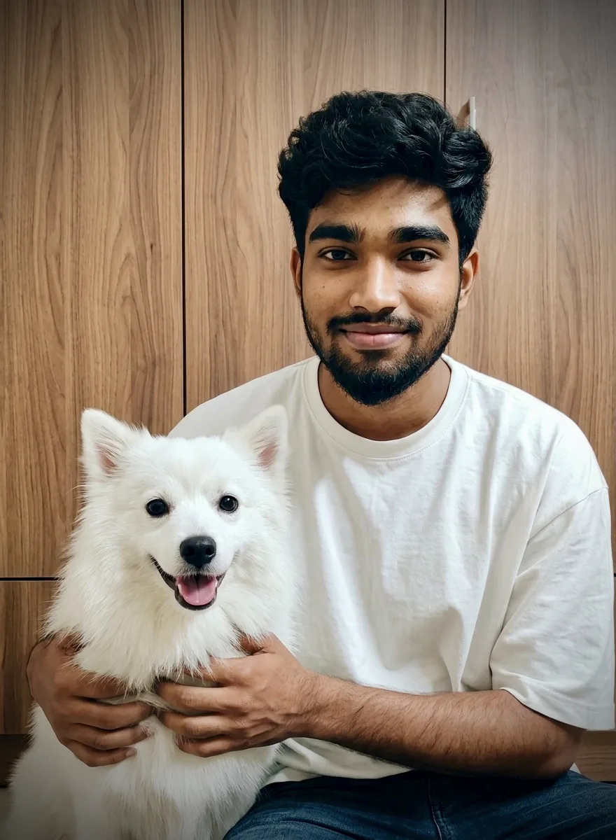 Heartwarming Indoor Male Portrait with Fluffy White Indian Spitz Dog Prompt