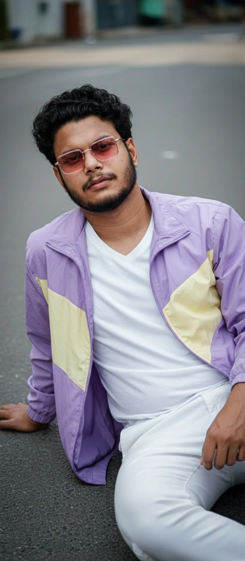 Stylish Young Man in Purple Windbreaker on Urban Street