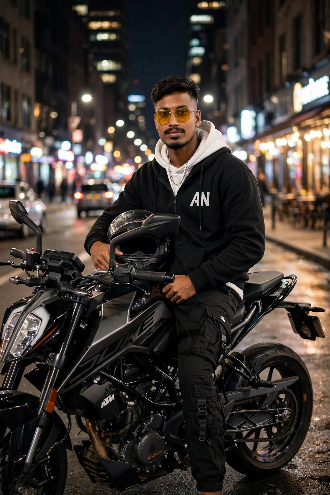Black hoodie with 'AN' logo, white inner hoodie, yellow-tinted *glasses, black cargo pants, black KTM Duke