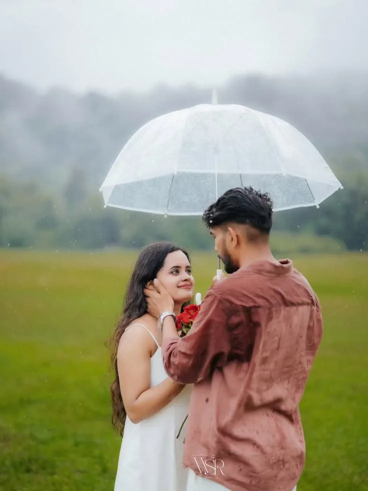 Candid Monsoon Meadow Pre-Wedding Portrait of Young Indian Couple