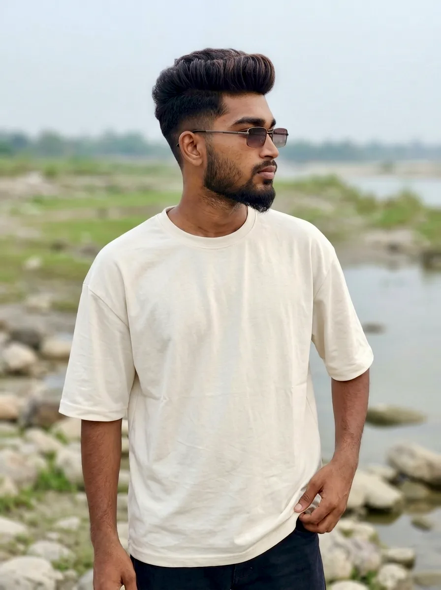 Candid Outdoor Riverbank Portrait of Young Man in Cream Oversized Tee