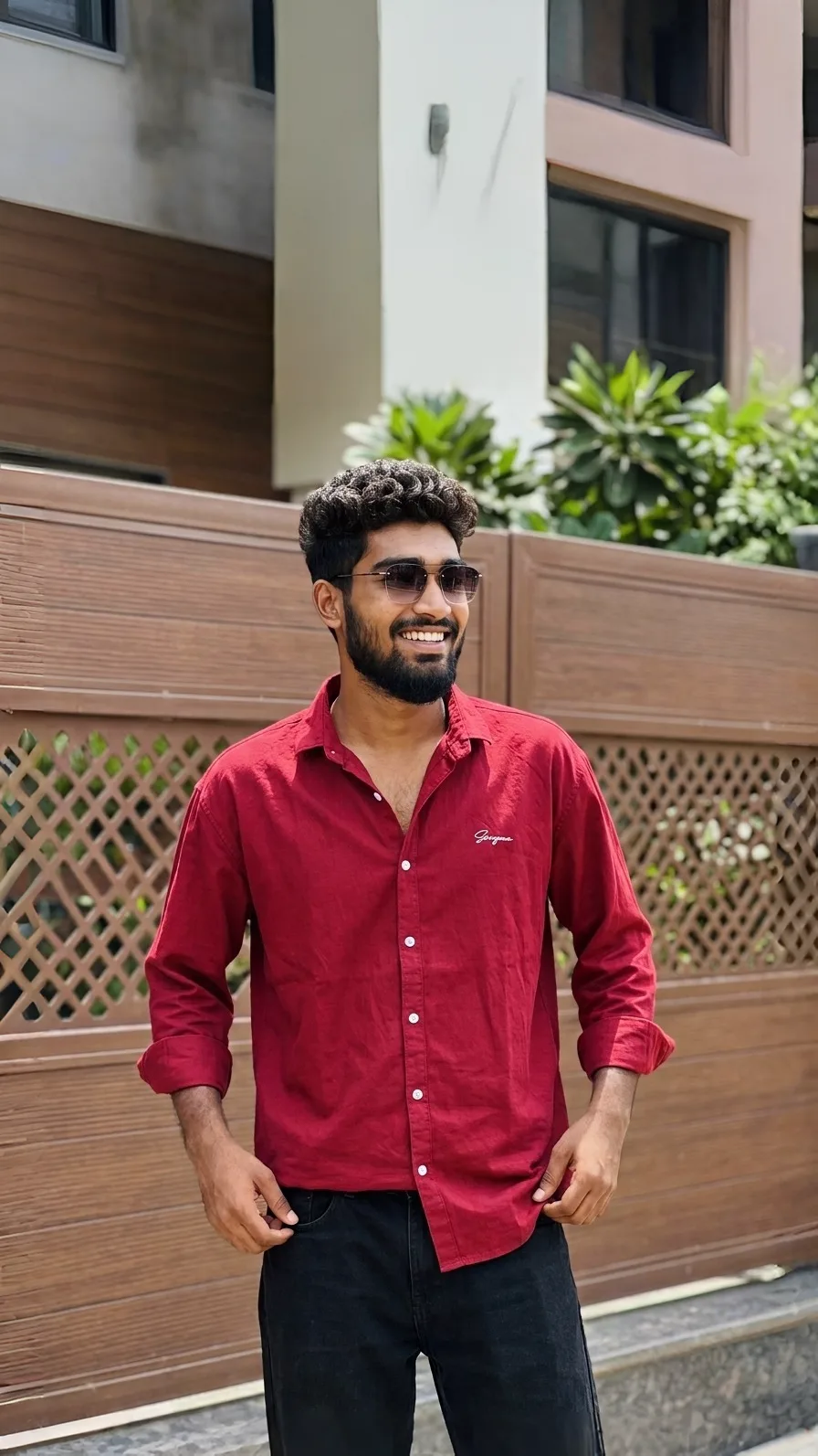 Candid Outdoor Street Portrait of Young Man in Crimson Button-Down Shirt