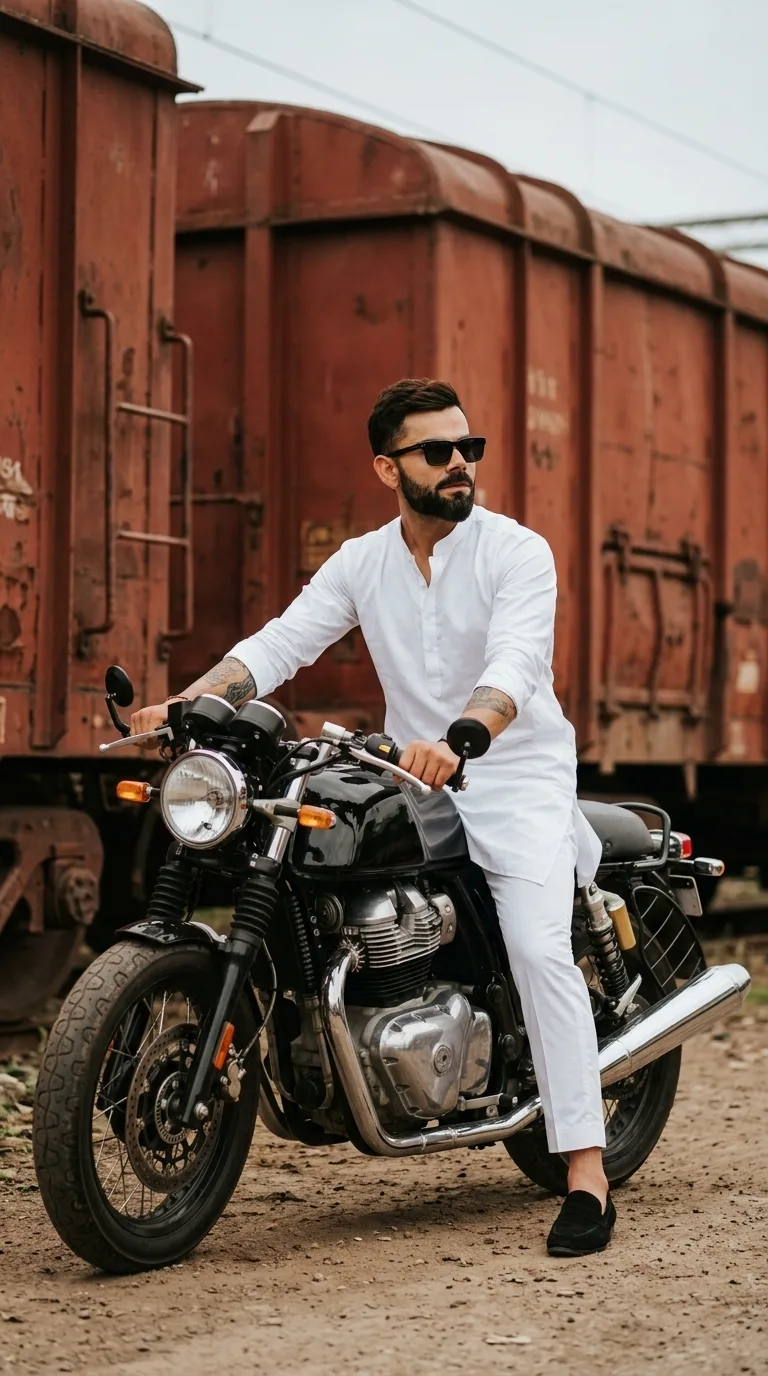 🏍️🤍 White Kurta Men’s Fashion – Cinematic Motorcycle Portrait