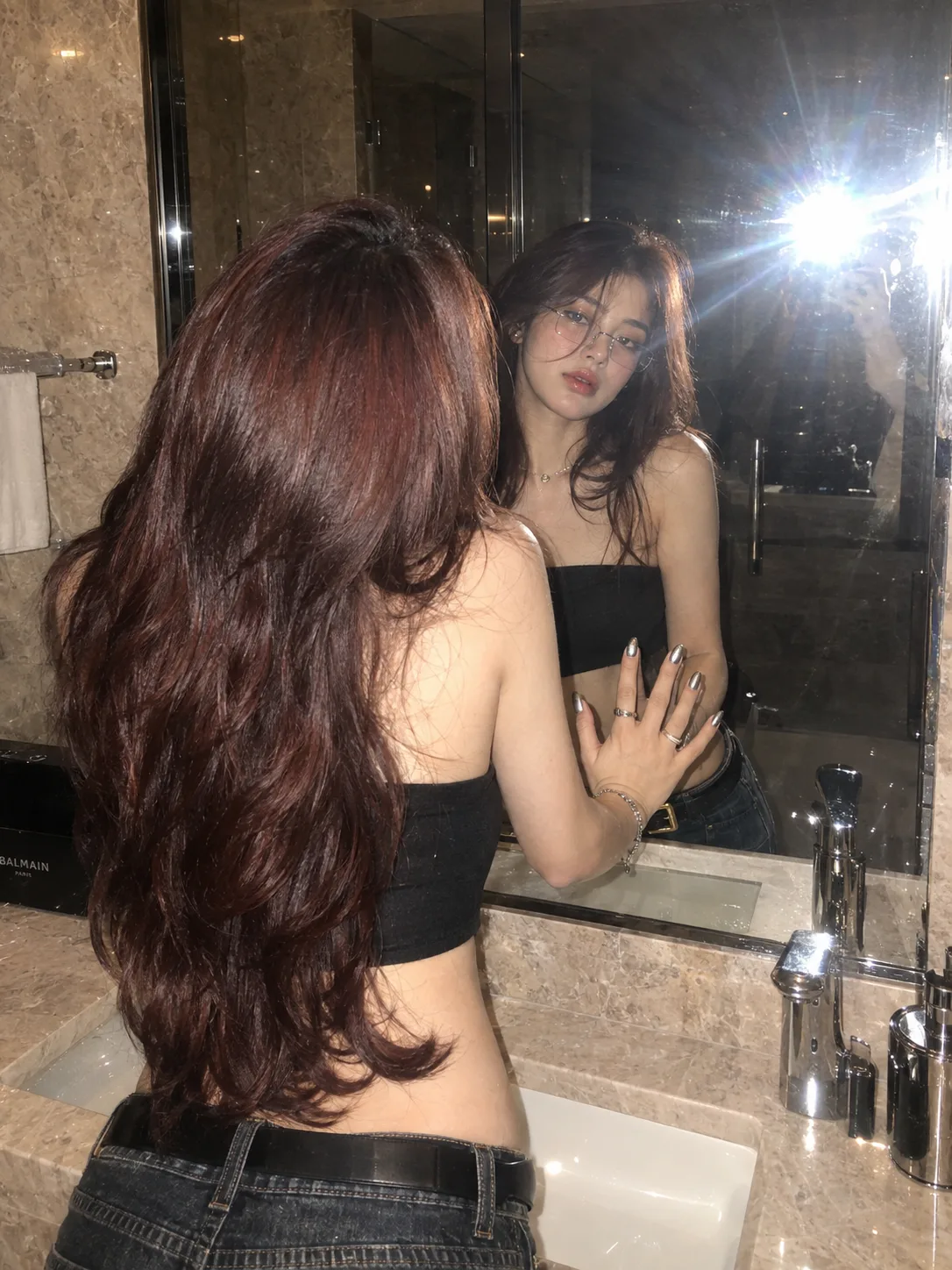 Ultra realistic cinematic mirror portrait of a young girl