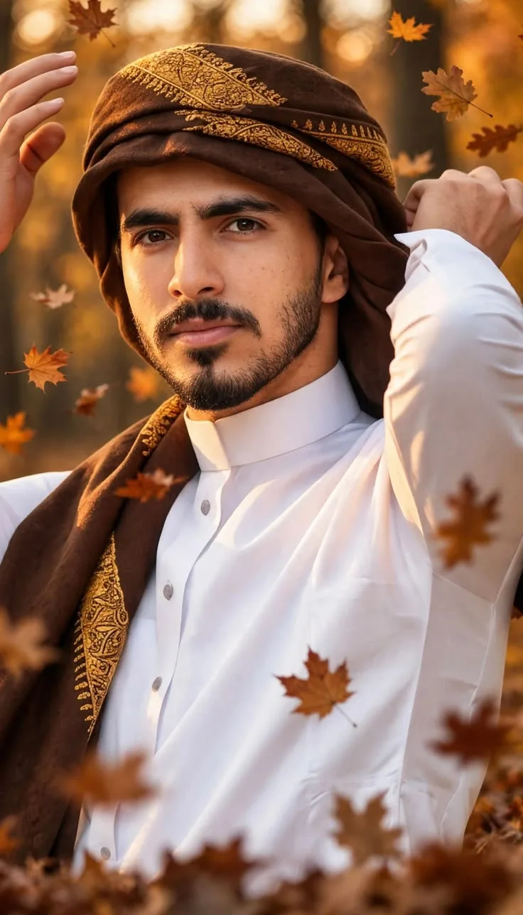 Cinematic portrait of an Arab man in a white thobe and brown embroidered shemagh posing amid falling autumn leaves