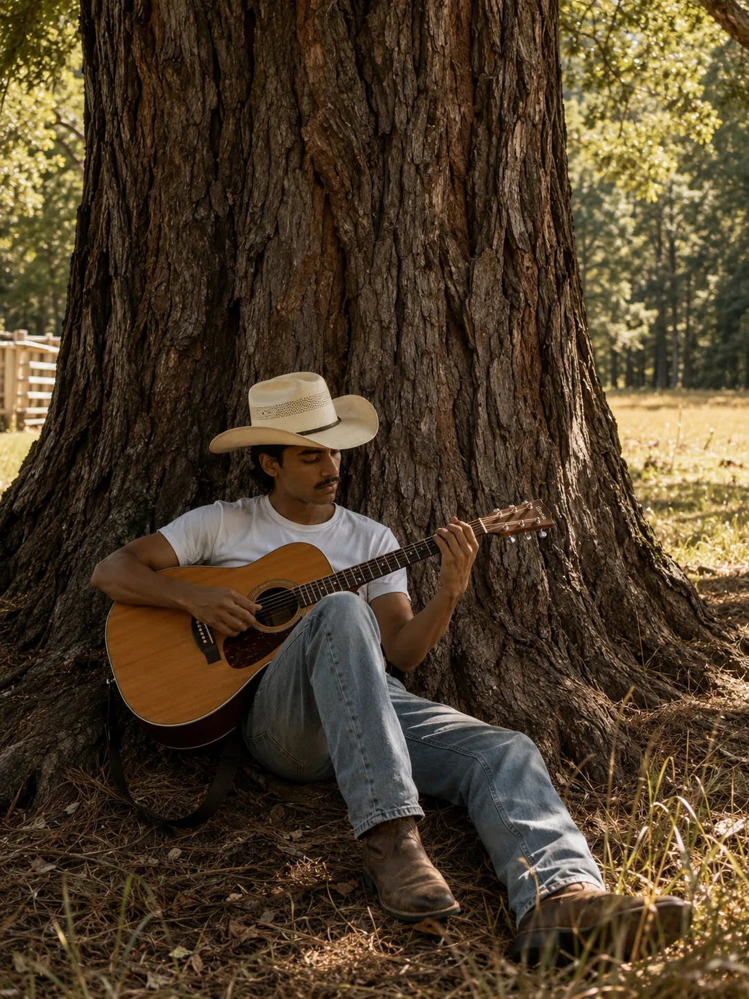 Cowboy Guitarist Under a Giant Tree