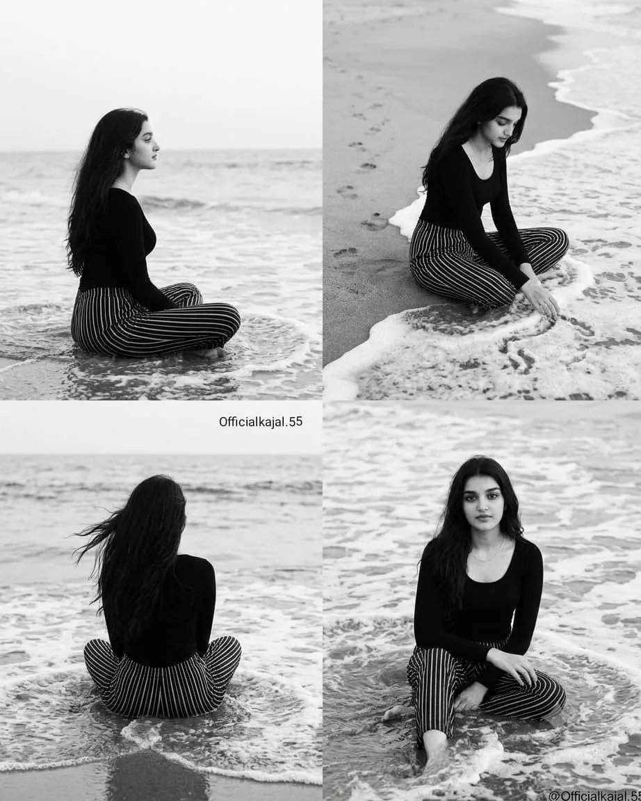 Minimalist monochrome beach photo collage of the same young woman