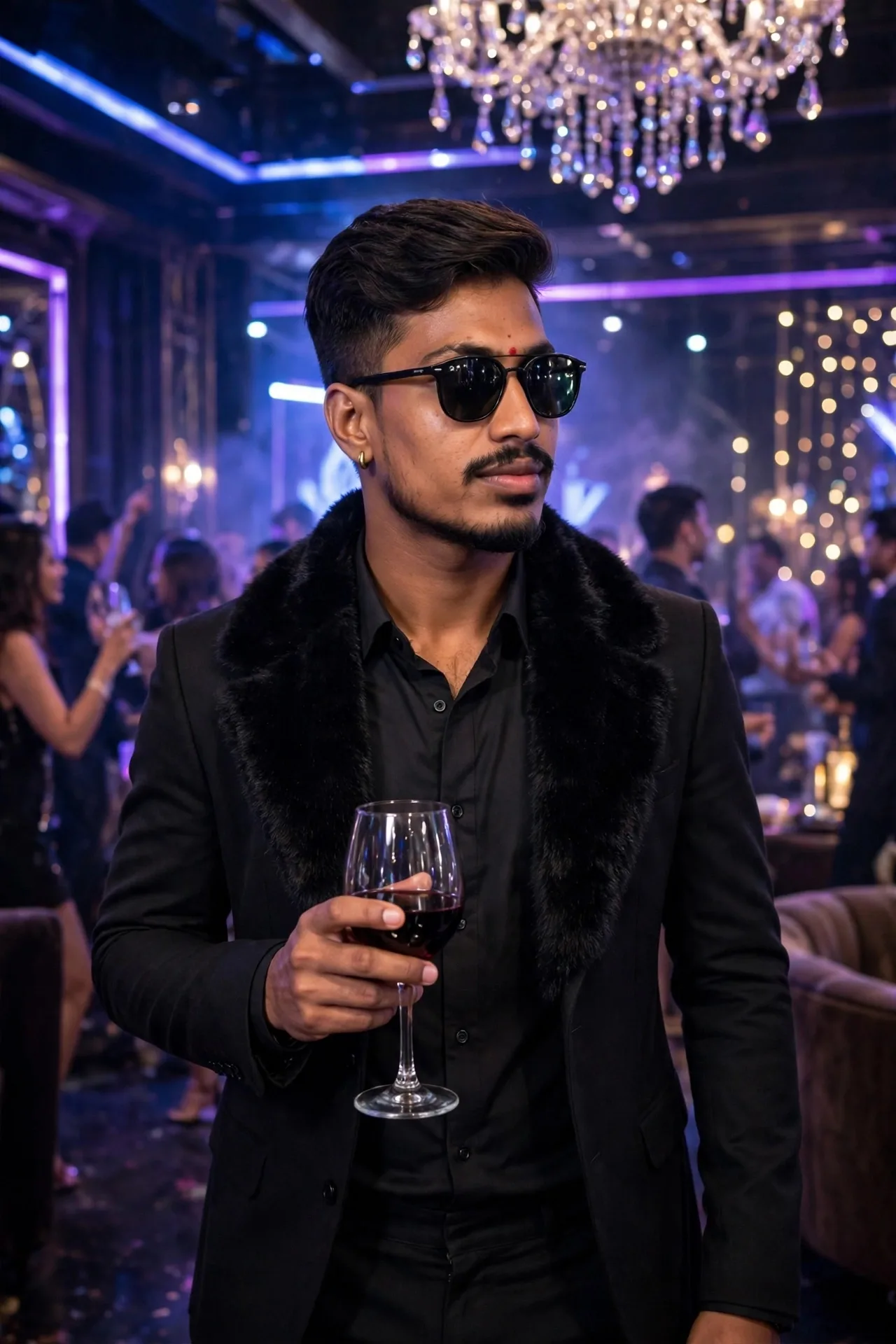 ಇಗೋ ಬ್ರೋ ನ Black shirt, black blazer with fur collar, sunglasses, wine glass