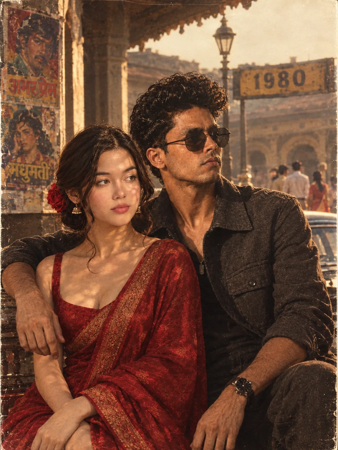 Create a ultra realistic cinematic 1980s bollywood romantic