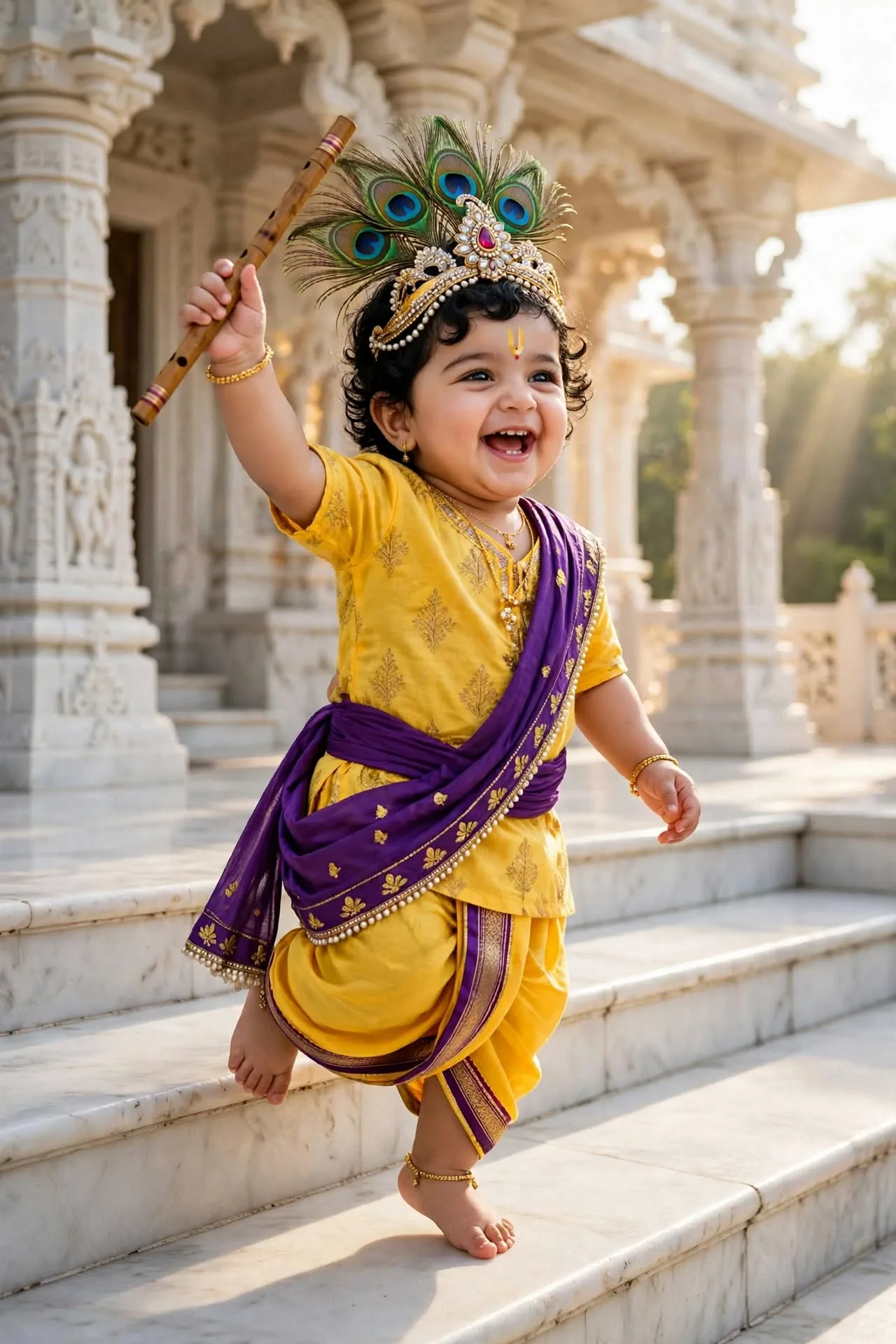 Cute Baby Krishna at White Marble Temple - Little Kanha with Flute 8K