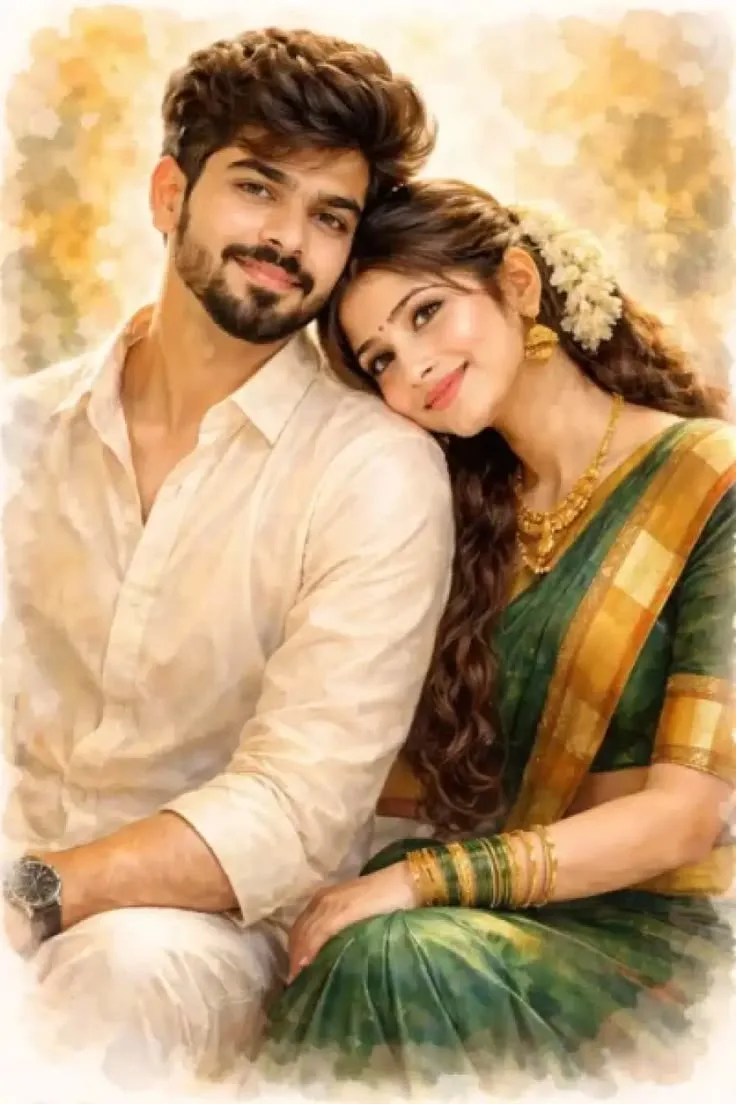 Romantic Watercolor Couple Portrait