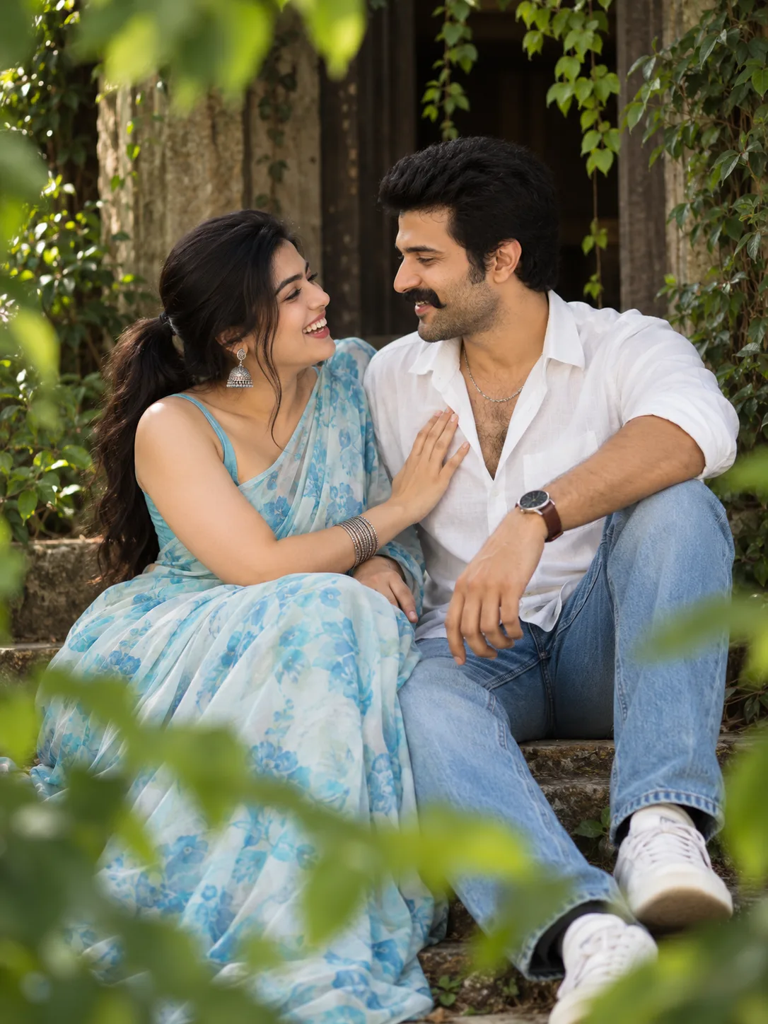 ultra-photorealistic romantic couple in lush garden candid