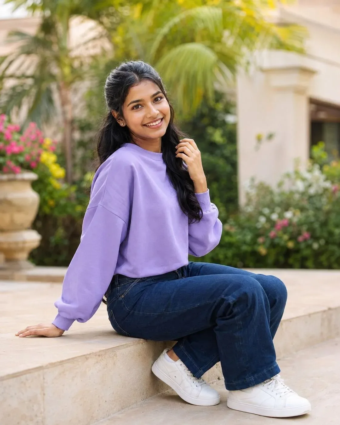 Radiant Young South Asian Woman in Lavender Sweatshirt & Dark Denim Portrait Prompt