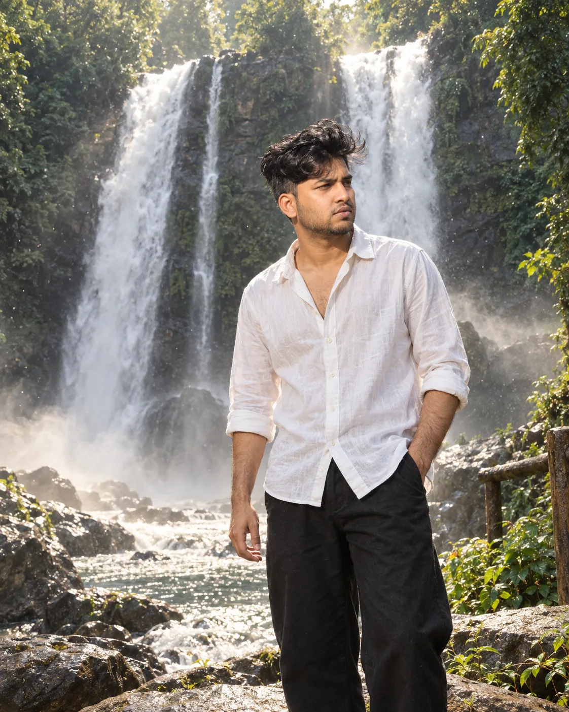 Misty Waterfall Cinematic Portrait