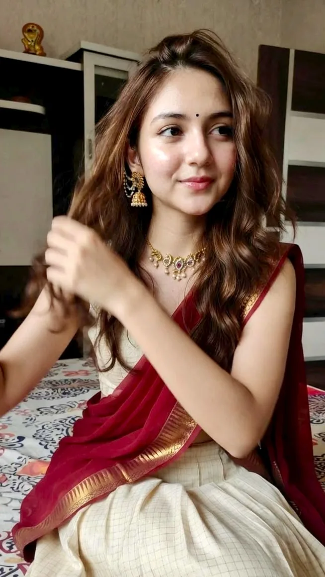 Candid Indoor Portrait in Kasavu Half Saree