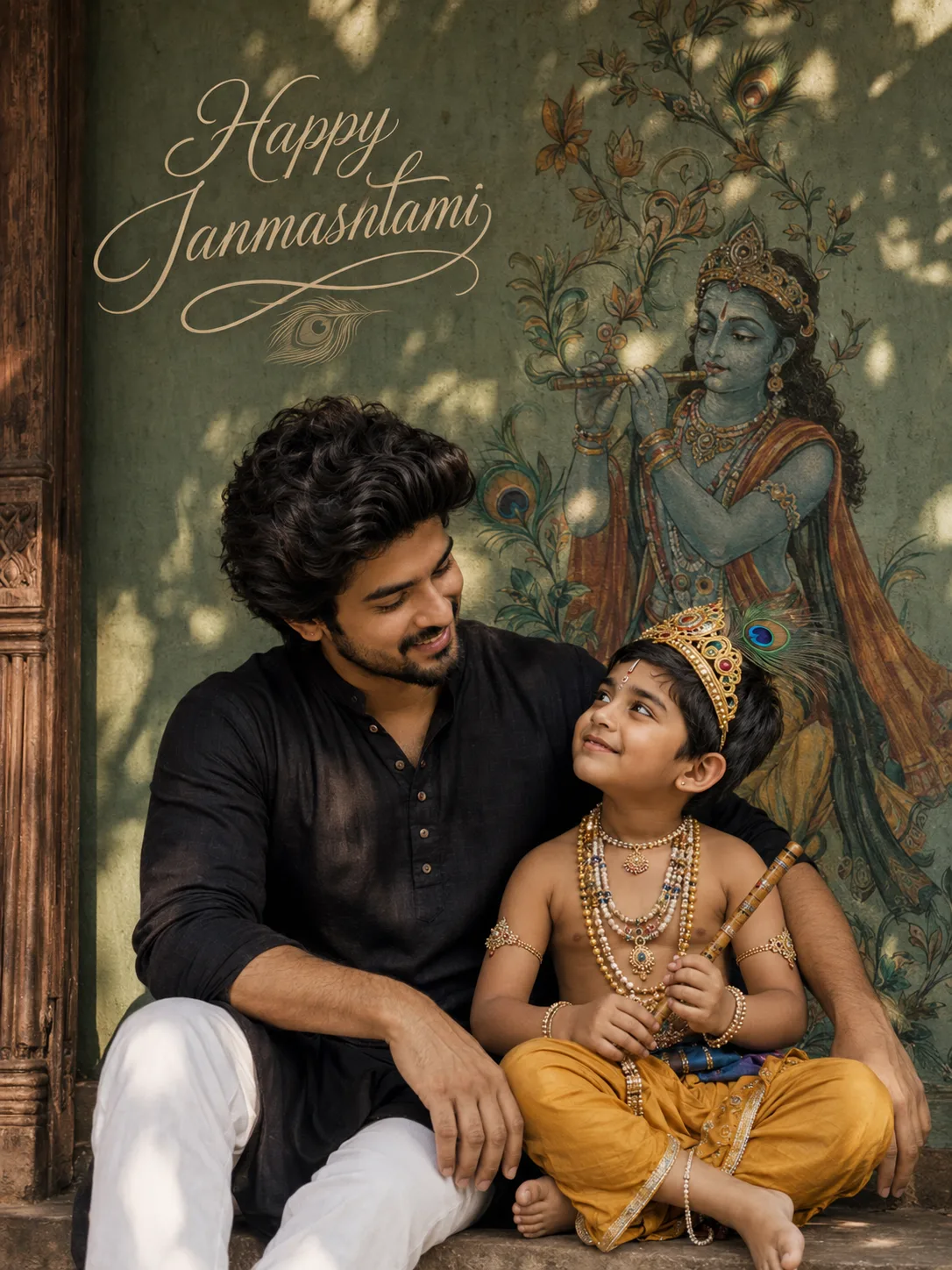 father and child portrait in traditional indian courtyard
