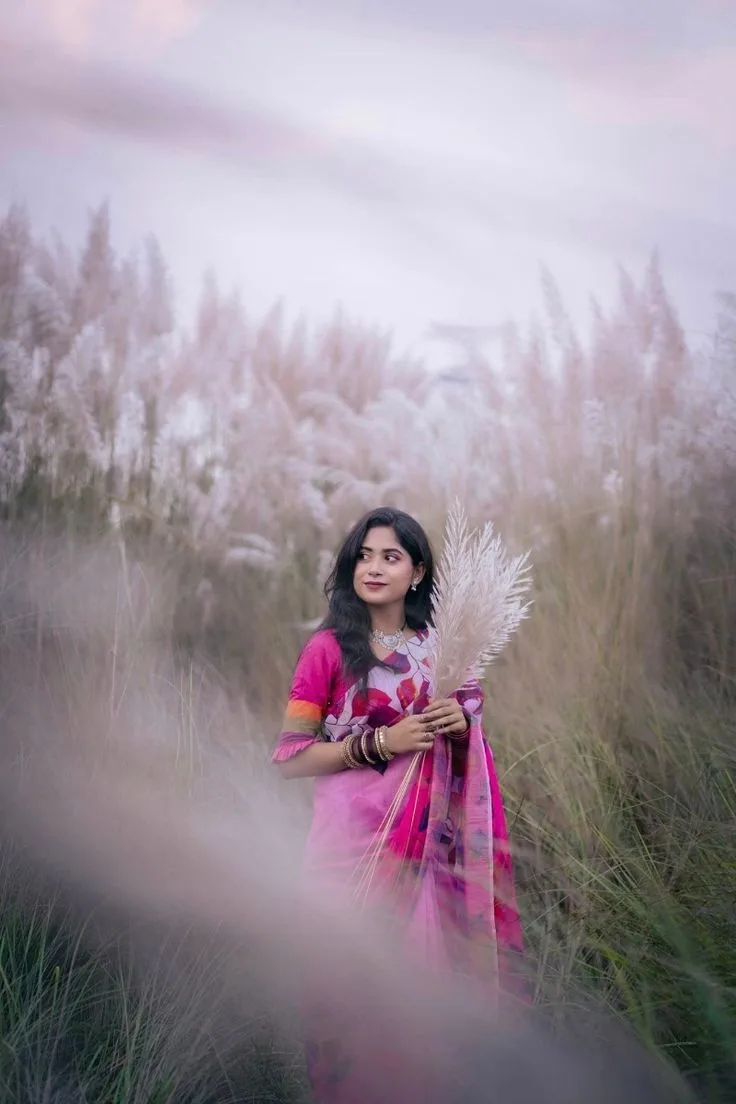 Candid Kash Phool Meadow Portrait in Pink Floral Saree