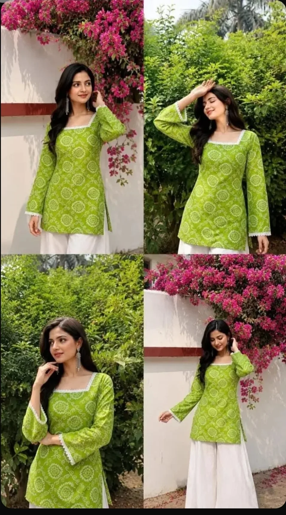 Woman Posing in Green Printed Short Kurti with White Palazzo