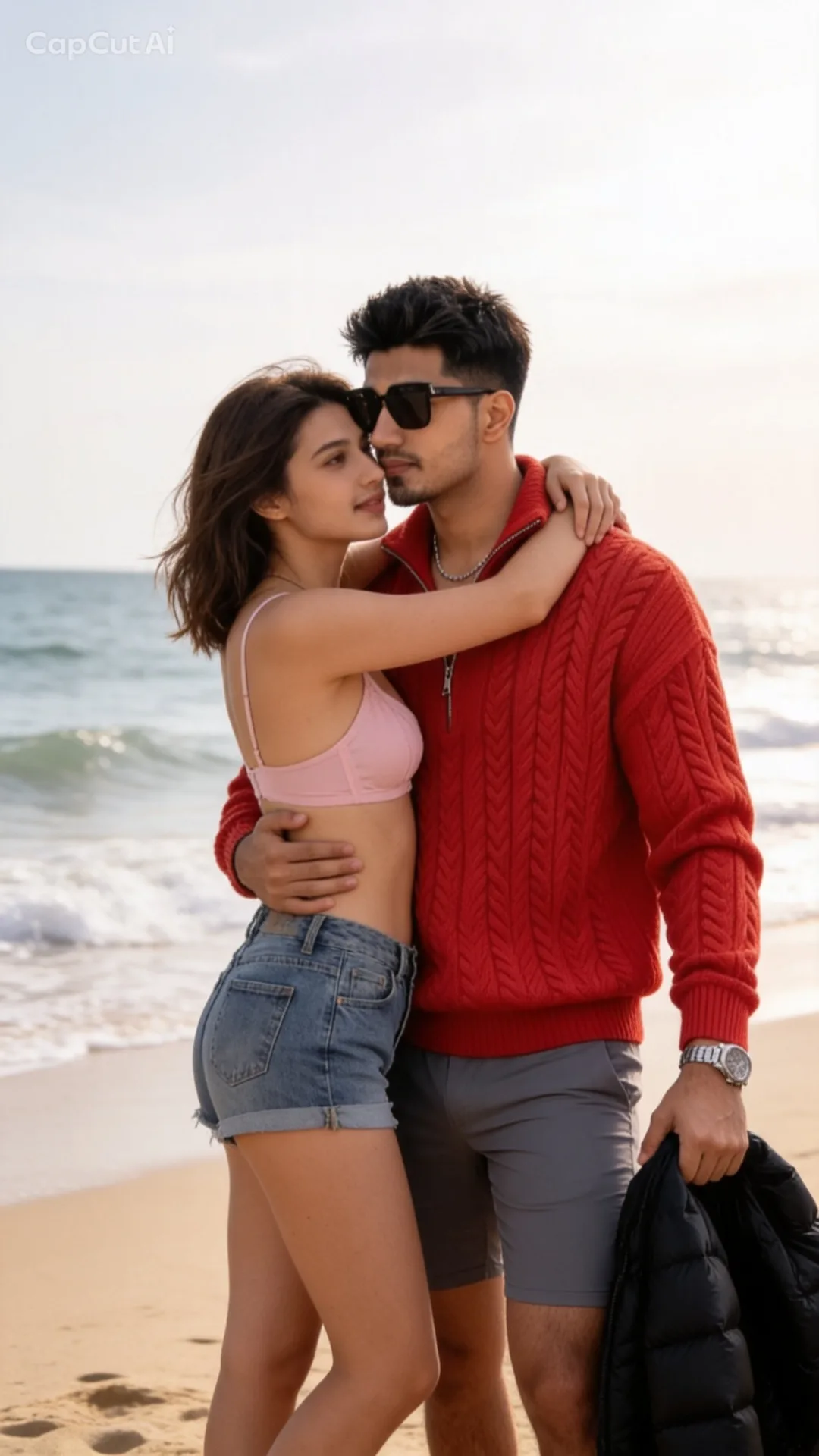 A beautiful young woman in a pastel pink bra and denim shorts hugging a man on a sunny beach. The man is wearing tight g
