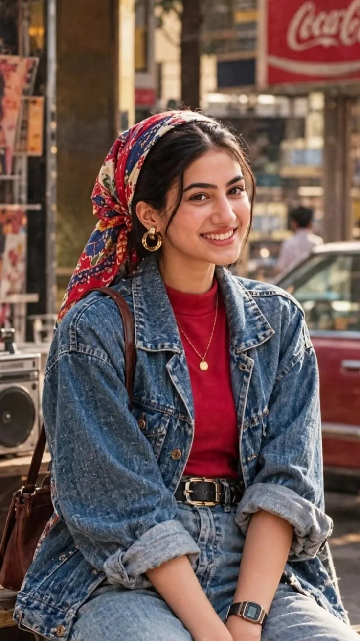 Casual Urban Street Portrait with Denim Jacket and Floral Headscarf