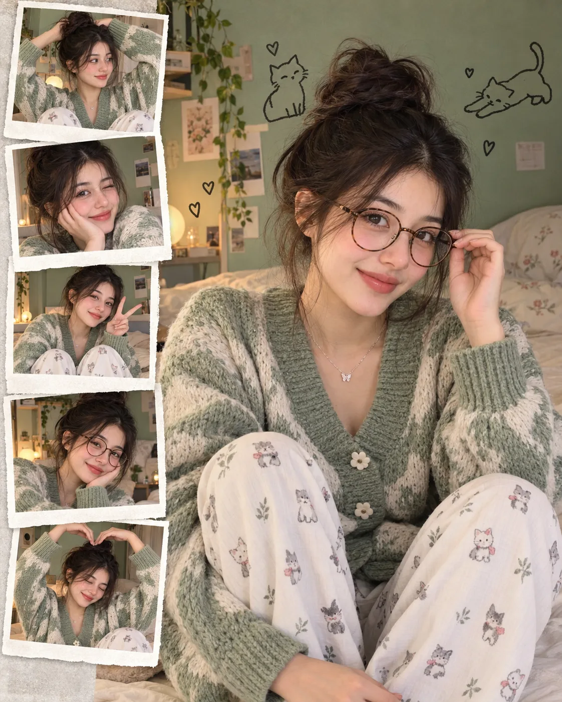 Cozy Sage-Green Korean Girl — Soft Scrapbook Moments