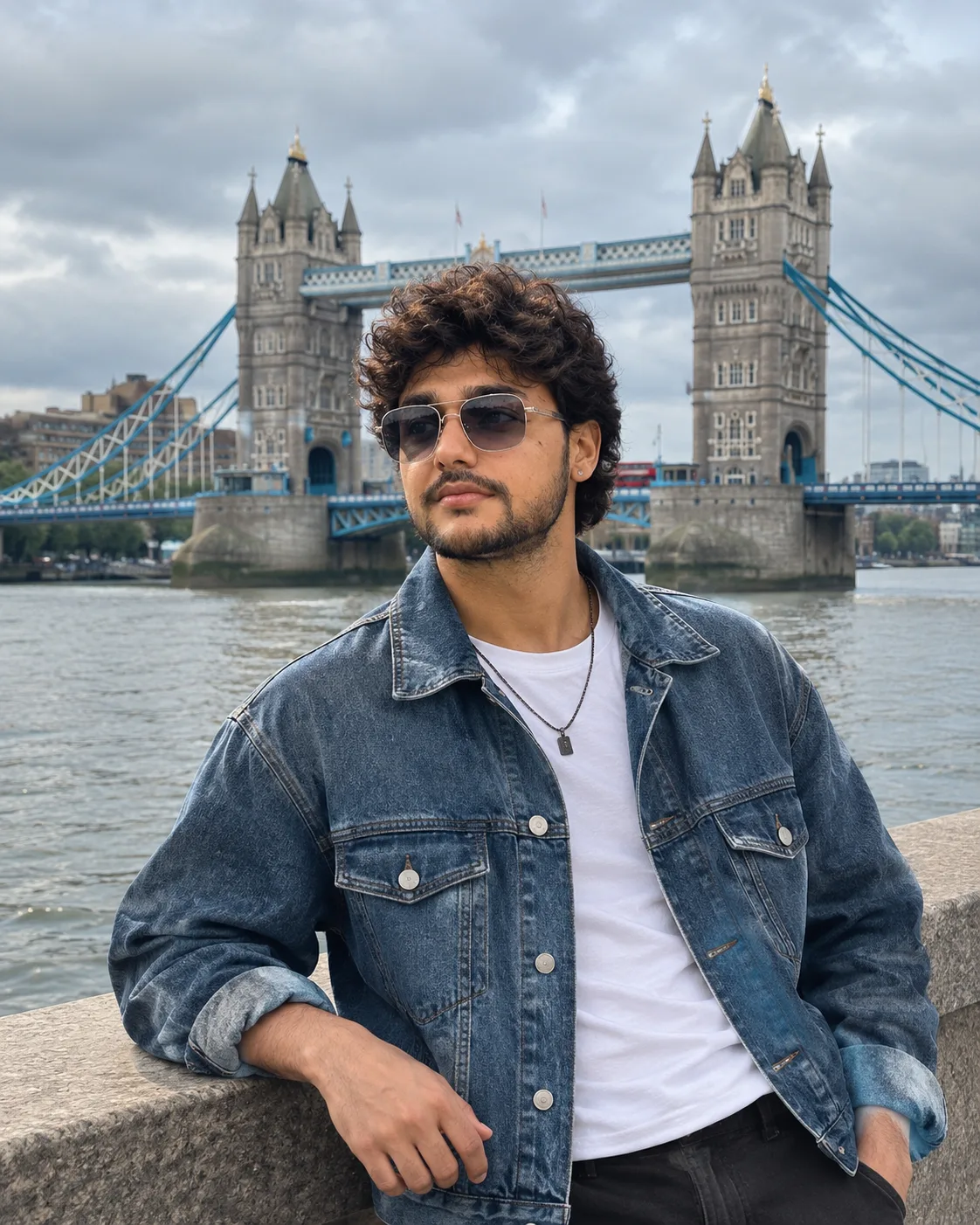 The portrait has a cool, polished travel feel, with the denim jacket and sunglasses.