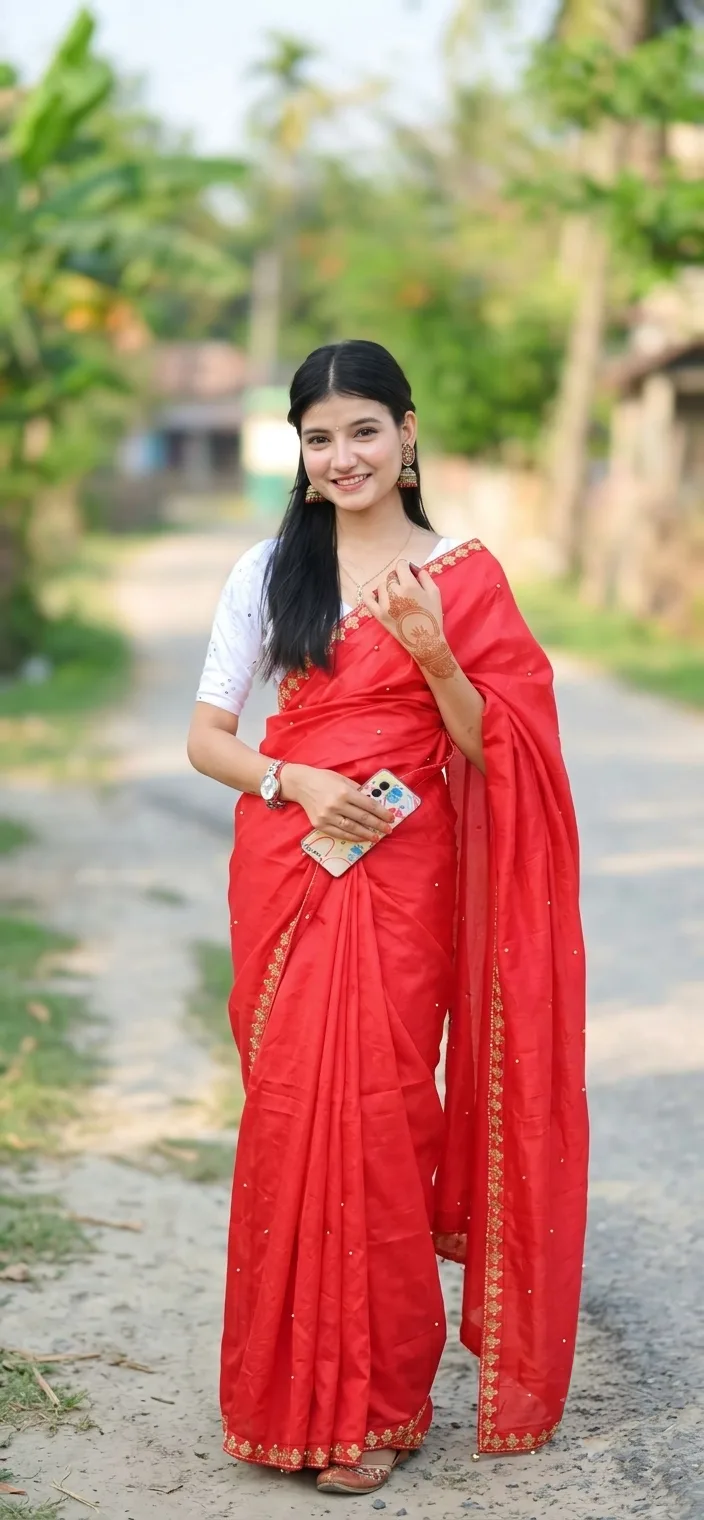 Candid Outdoor Rural Portrait of Young Woman in Red Saree