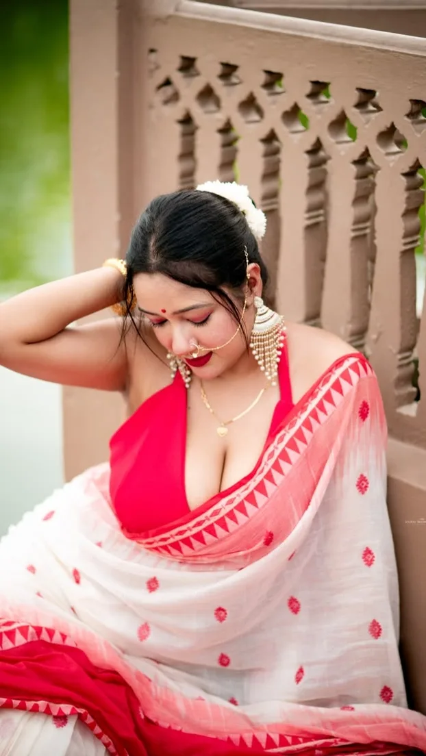 Traditional Elegance: Indian Woman in Red and White Saree by Balcony Railing