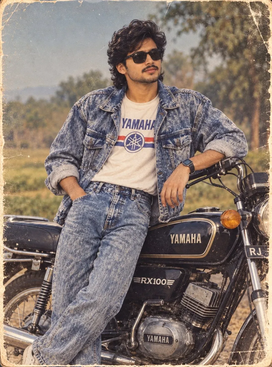 Vintage 1980s Retro Male Portrait Leaning on Classic Yamaha RX100 Motorcycle Prompt