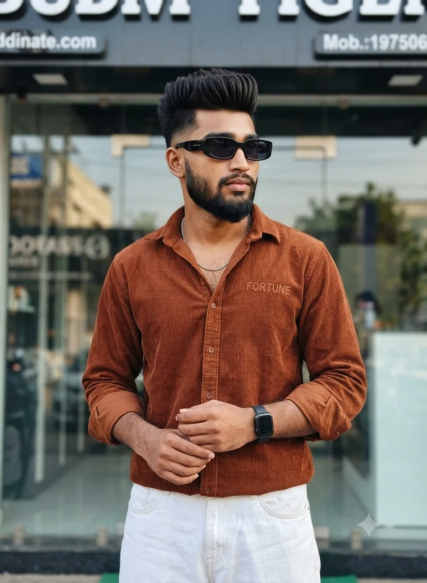Stylish Urban Male Portrait in Rust Corduroy Shirt & Rectangular Sunglasses Prompt