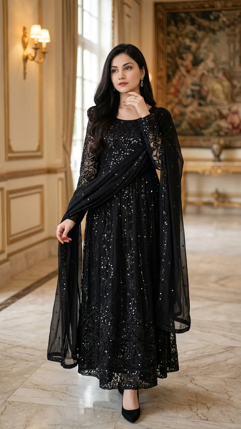 Elegant Lady in a Sequin and Lace Black Gown