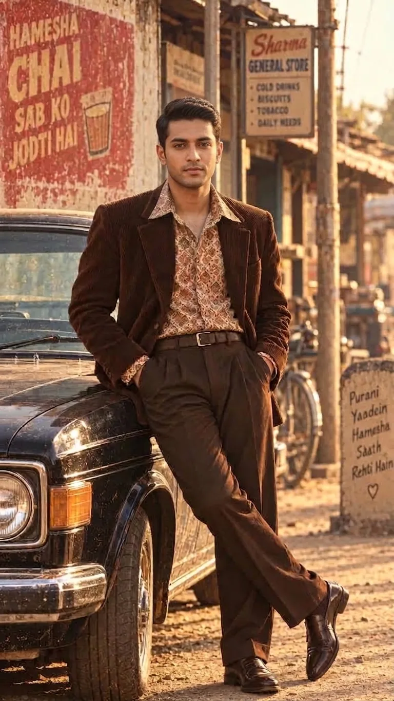 Retro Style Young Man Leaning on Vintage Car