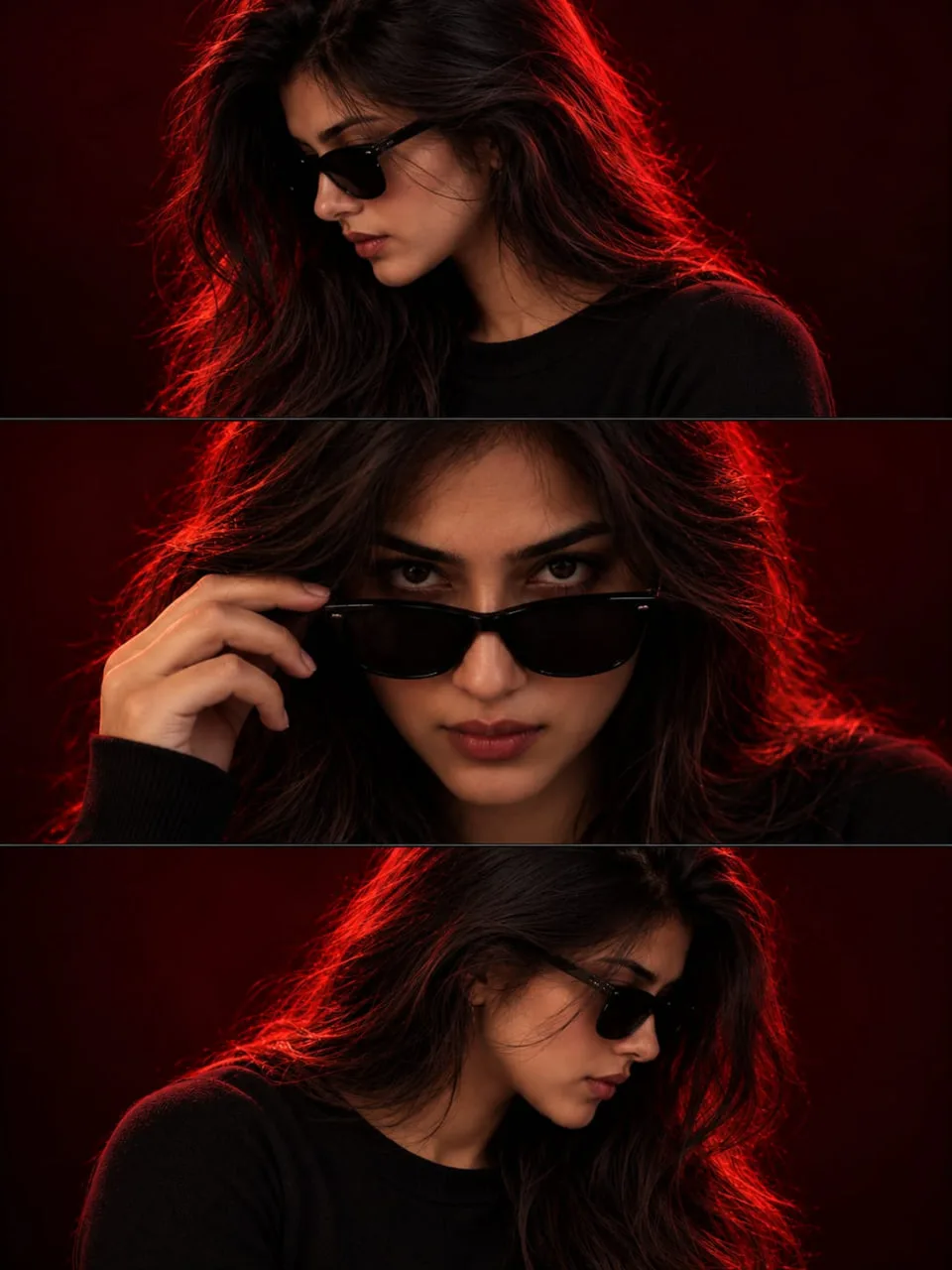 cinematic three-panel vertical triptych portrait