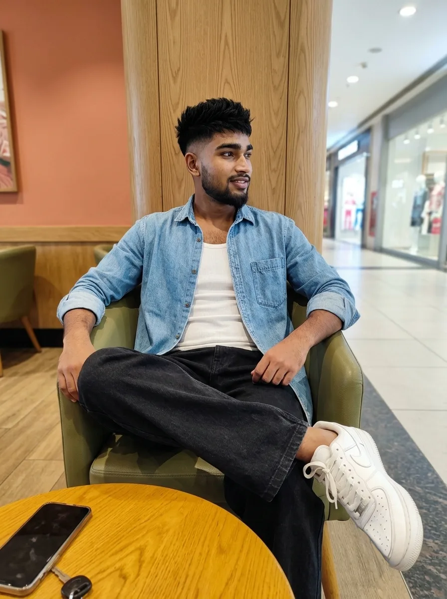 Casual Male Lifestyle Portrait Seated in Mall Cafe in Denim Shirt & Sneakers Prompt