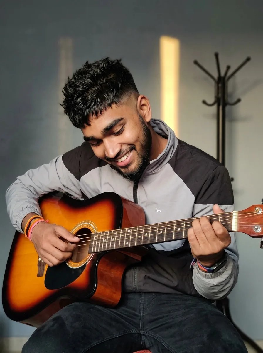 Candid Male Musician Portrait Playing Sunburst Acoustic Guitar Prompt