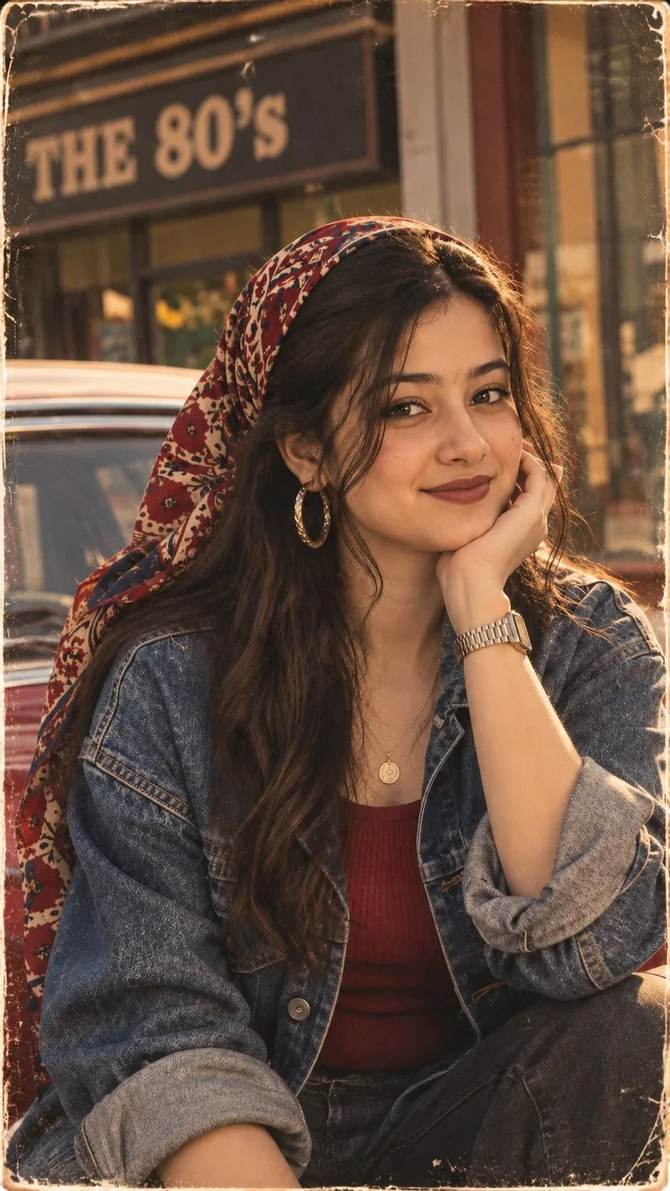 Vintage 1980s Retro Female Portrait in Floral Headscarf & Oversized Denim Jacket Prompt