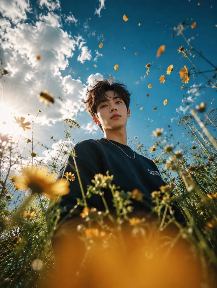 Cinematic Wildflower Field Boy Aesthetic 🌼☁️💙 Low Angle Sky Portrait