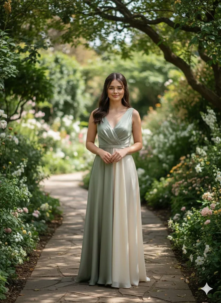 Elegant Female Portrait in Two-Tone Sage Green & Cream Gown on Garden Stone Pathway Prompt