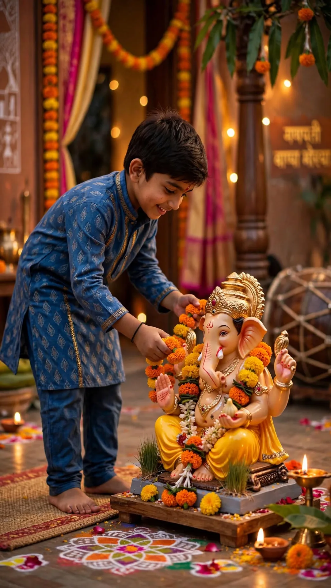 Cute Boy with Ganesh Idol - Ganesh Chaturthi Festive Prayer 9:16