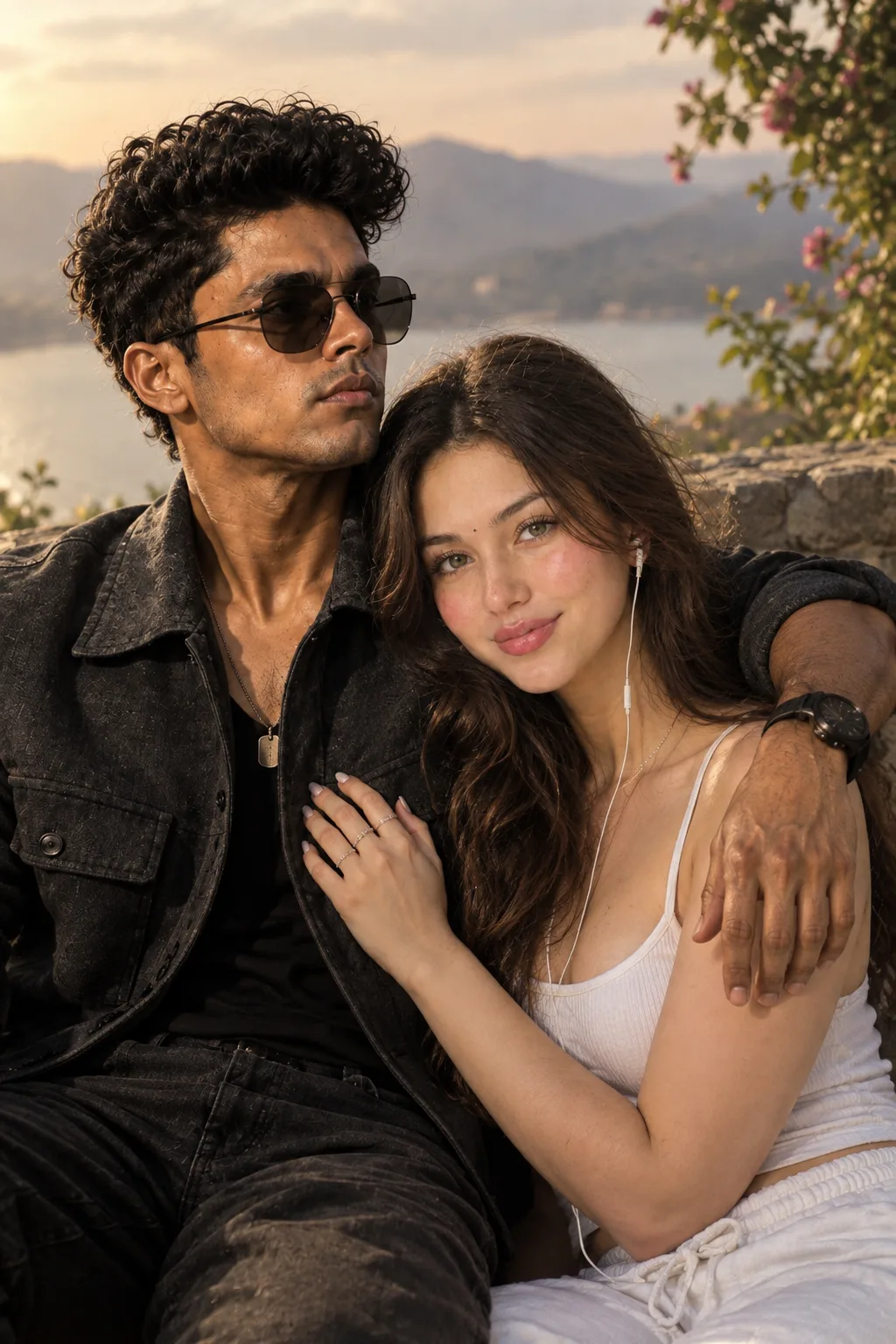Cinematic couple portrait of a young Indian man and a beautiful young woman